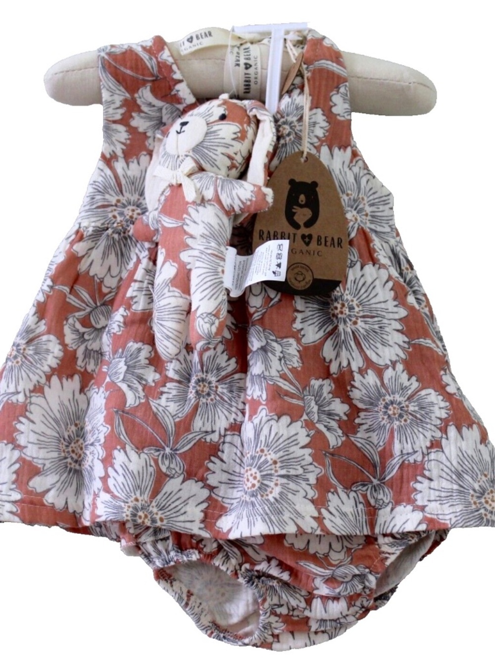 Rabbit + Bear Organic Salmon Floral Cotton Dress Diaper Cover & Plush Size 0-3 M